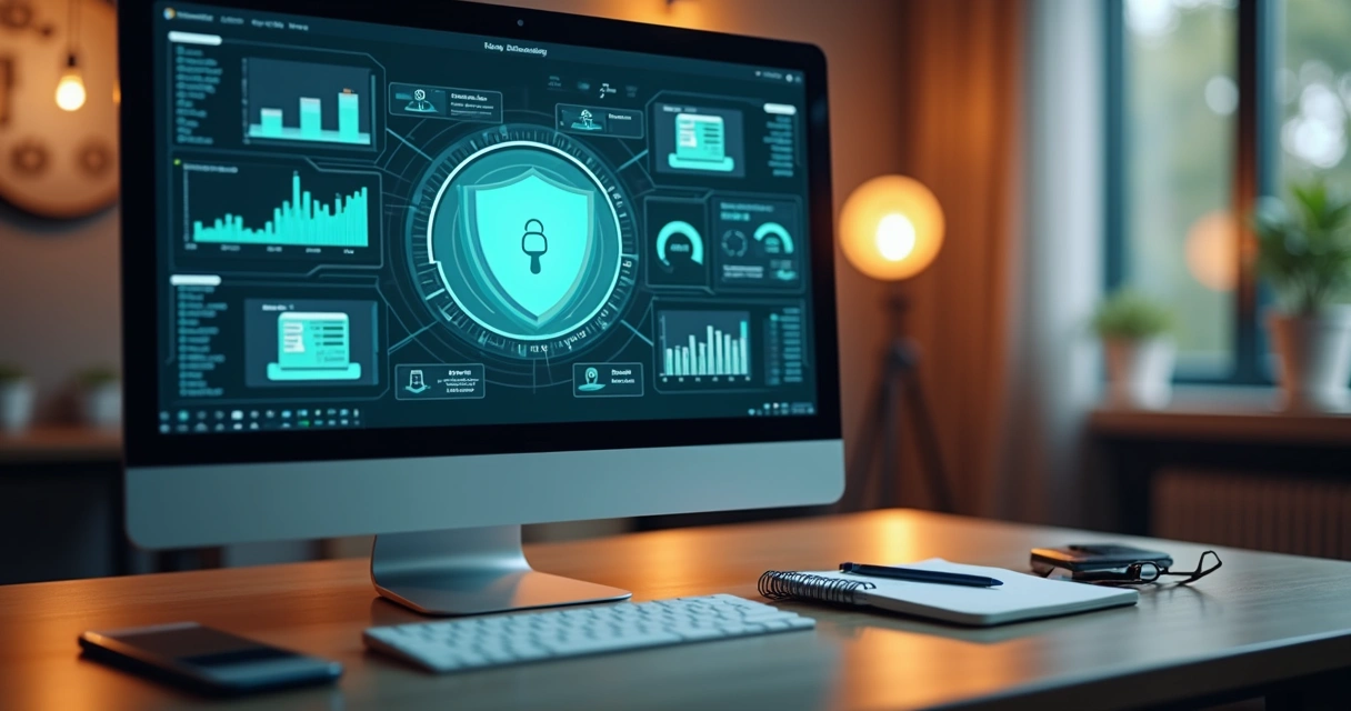 Tela de computador mostrando cofre digital com documentos financeiros organizados e gráficos financeiros ao fundo 