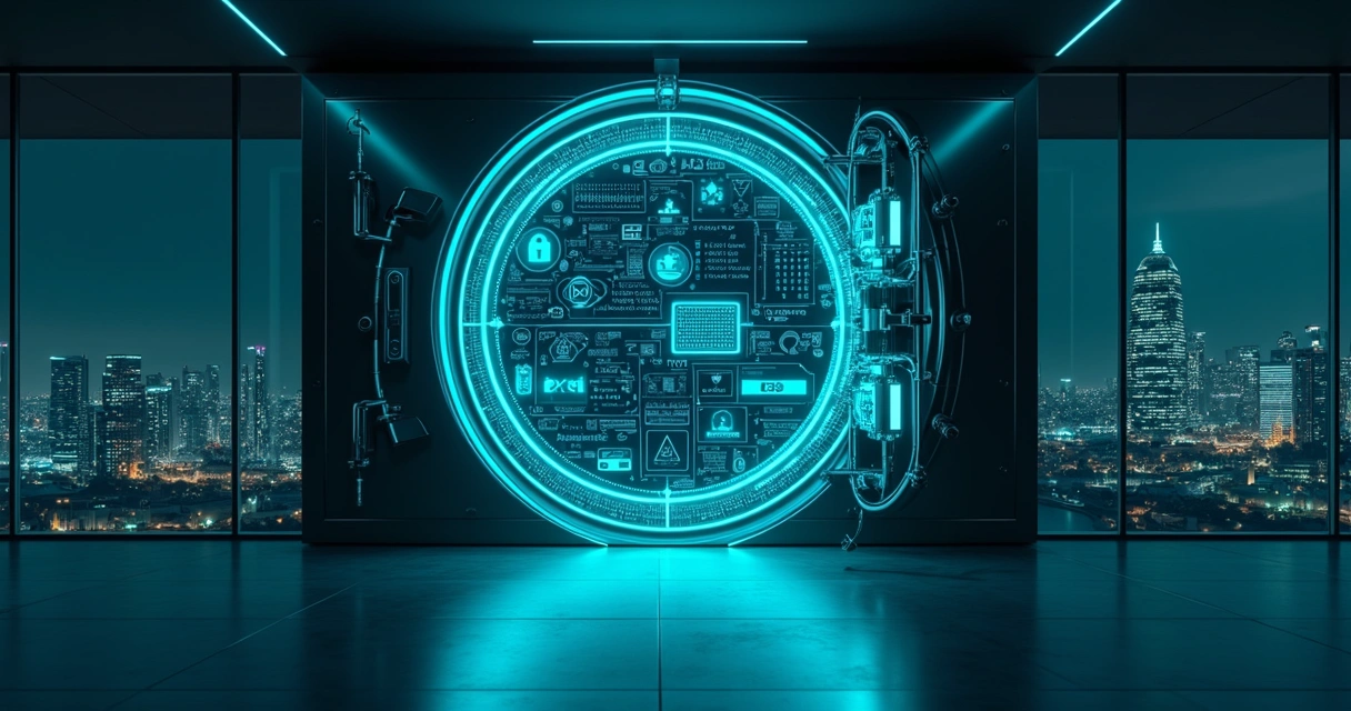 Cofre digital iluminado protegendo ícones de fintech e dados em nuvem 