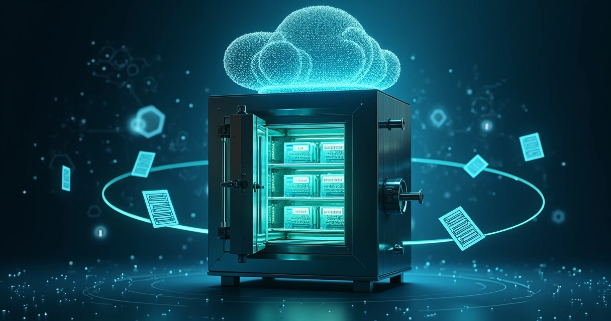 Cofre digital abstrato com ícones de NF-e flutuando em nuvem tecnológica azul 