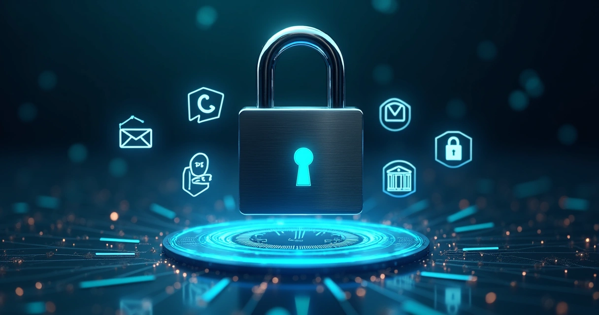 Cadeado digital protegendo ícones de cobranças e dados financeiros 