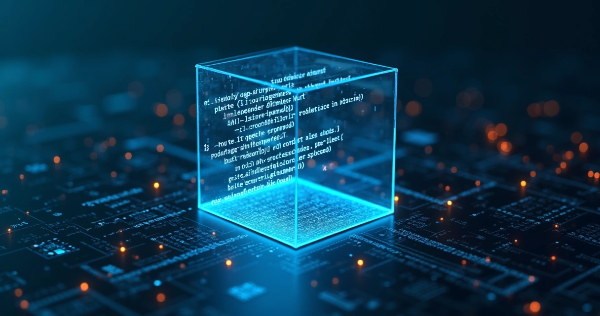 Cofre digital transparente protegido envolvendo trechos de código flutuando 