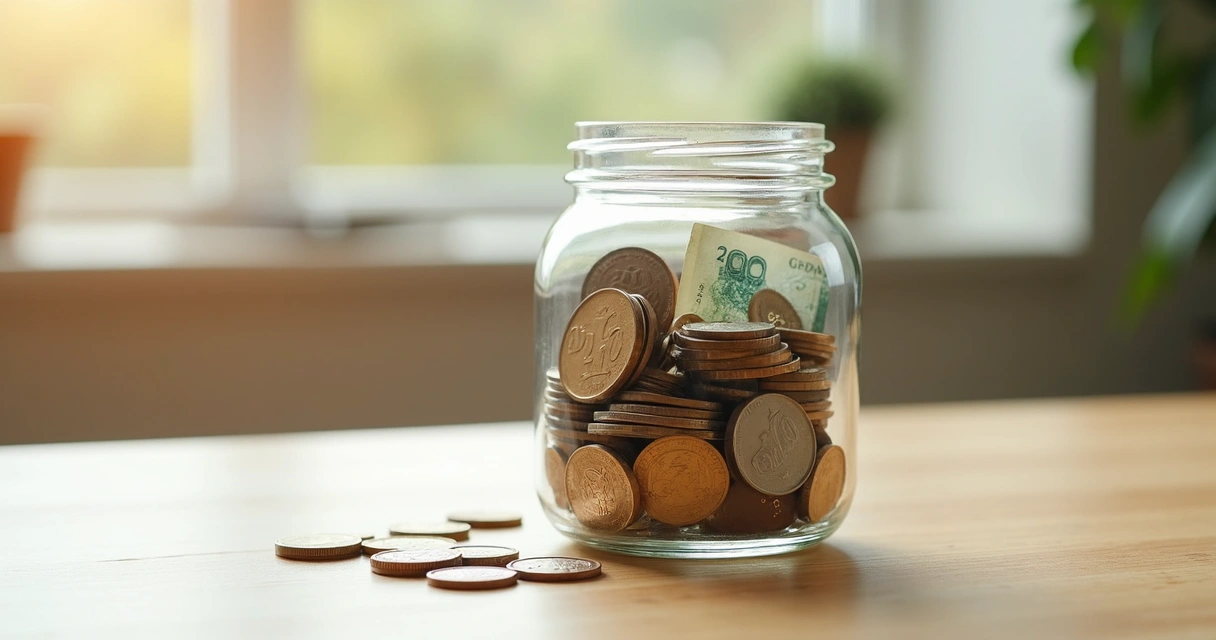 Cofre transparente com moedas e cédulas para fundo de emergência sobre mesa de madeira clara 