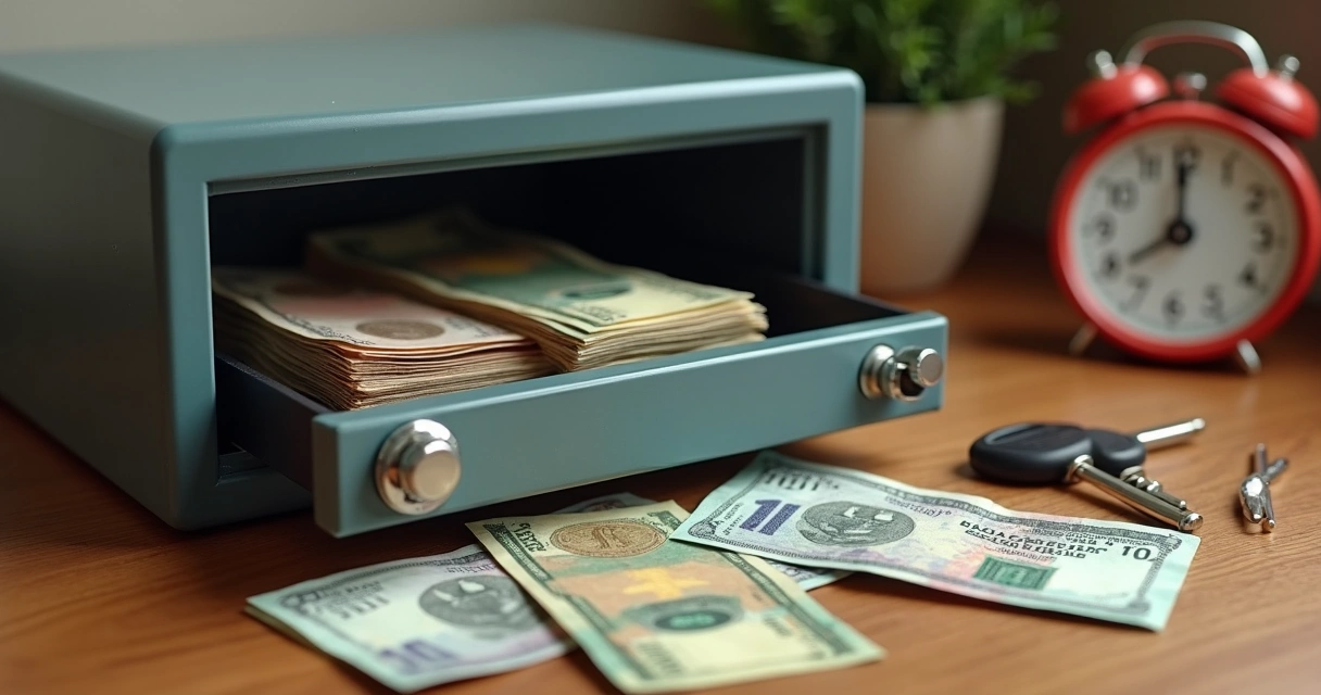 Cofre doméstico aberto com cédulas e moedas brasileiras