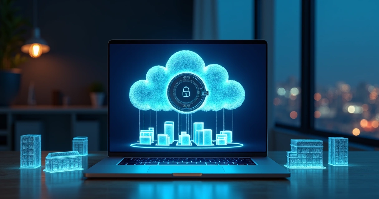 Cofre digital em forma de nuvem protegendo arquivos flutuando em um laptop 