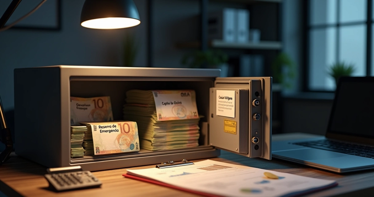 Cofre de metal aberto mostrando dinheiro separado em caixas de emergência da empresa 