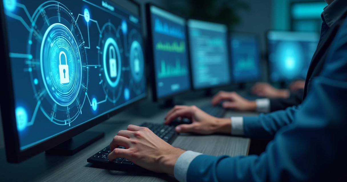 Gestor de TI usando cofre digital de senhas em tela com cadeados abertos e fechados 