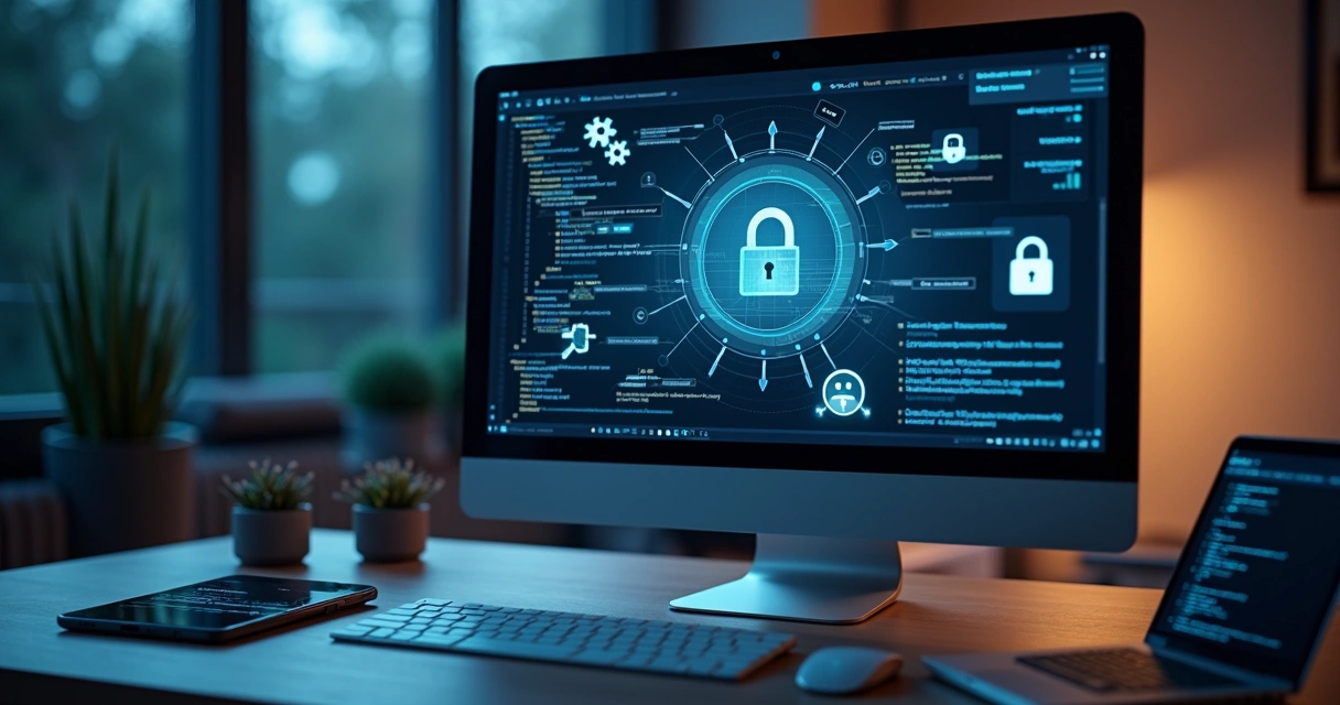 Computador com tela mostrando interface de cofre de senhas para times de desenvolvimento com elementos de segurança e código em fundo escuro 