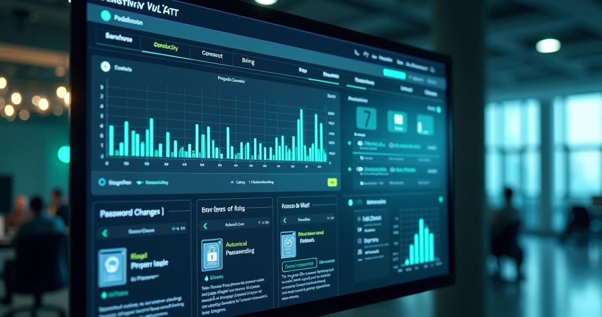 Tela digital mostrando dashboard de cofre de senhas com gráficos e controle de acessos para TI 