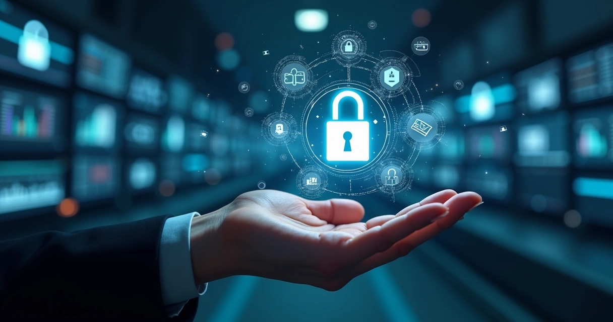 Mão segurando cofre digital com cadeado e ícones de segurança e senha ao redor 