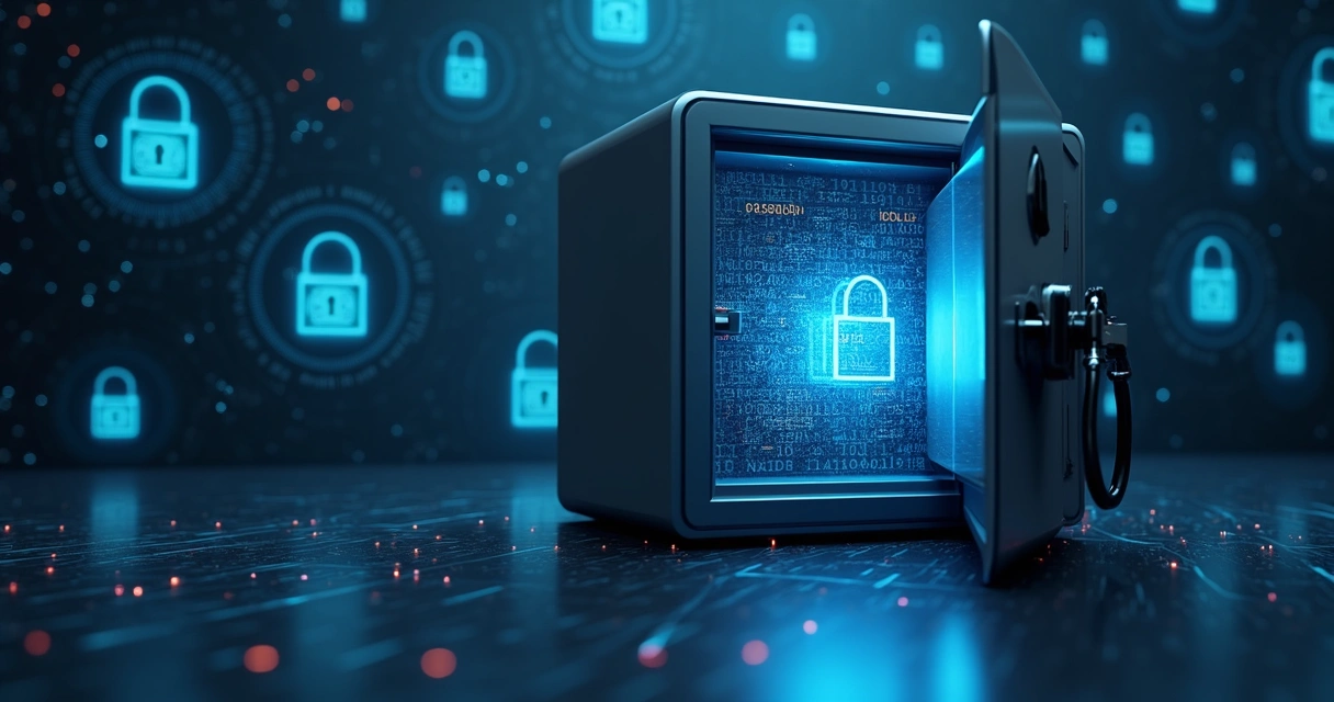 Cofre digital com criptografia representado por cofre aberto cercado de códigos eletrônicos