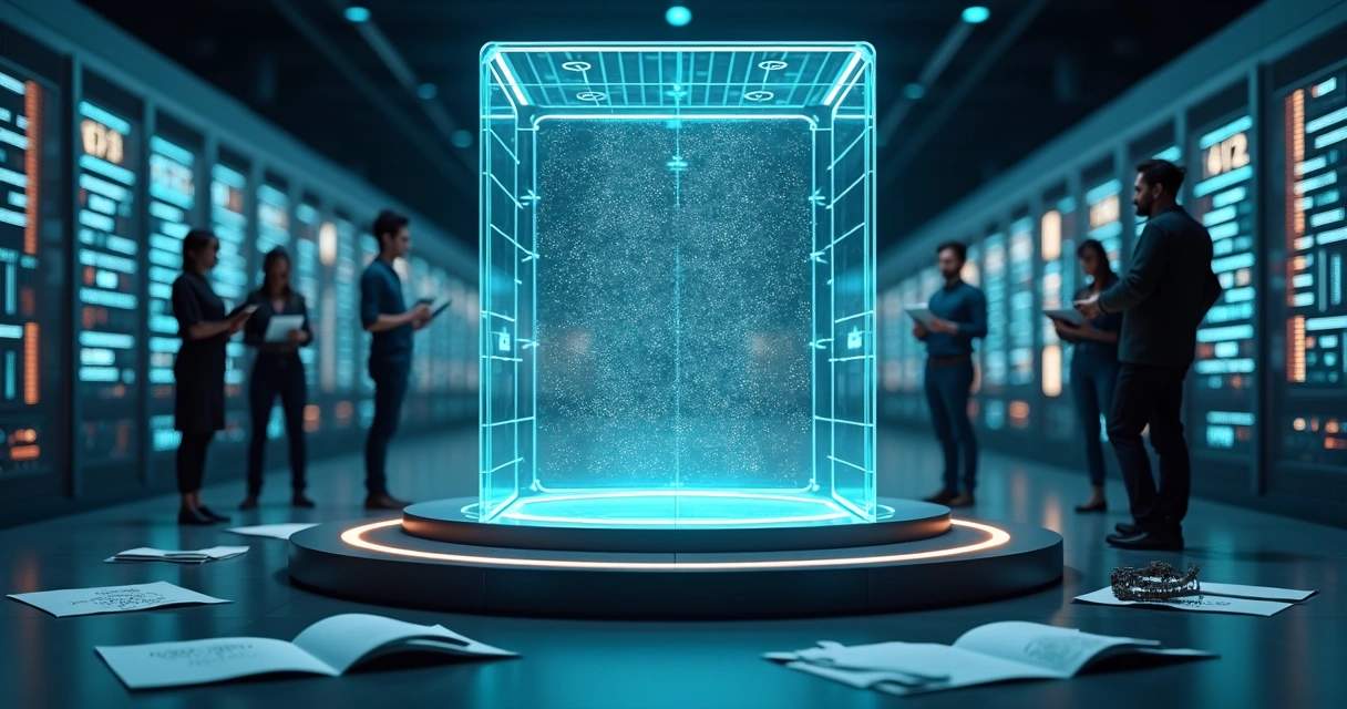 Cofre digital brilhante cercado por ícones de senhas e equipe de TI 