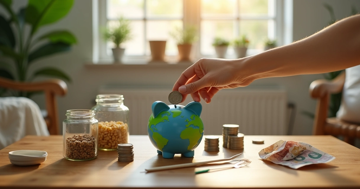 Cofre em formato de planeta cercado por moedas e itens reutilizáveis 