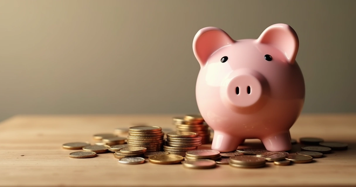 Cofrinho com moedas sobre mesa de madeira