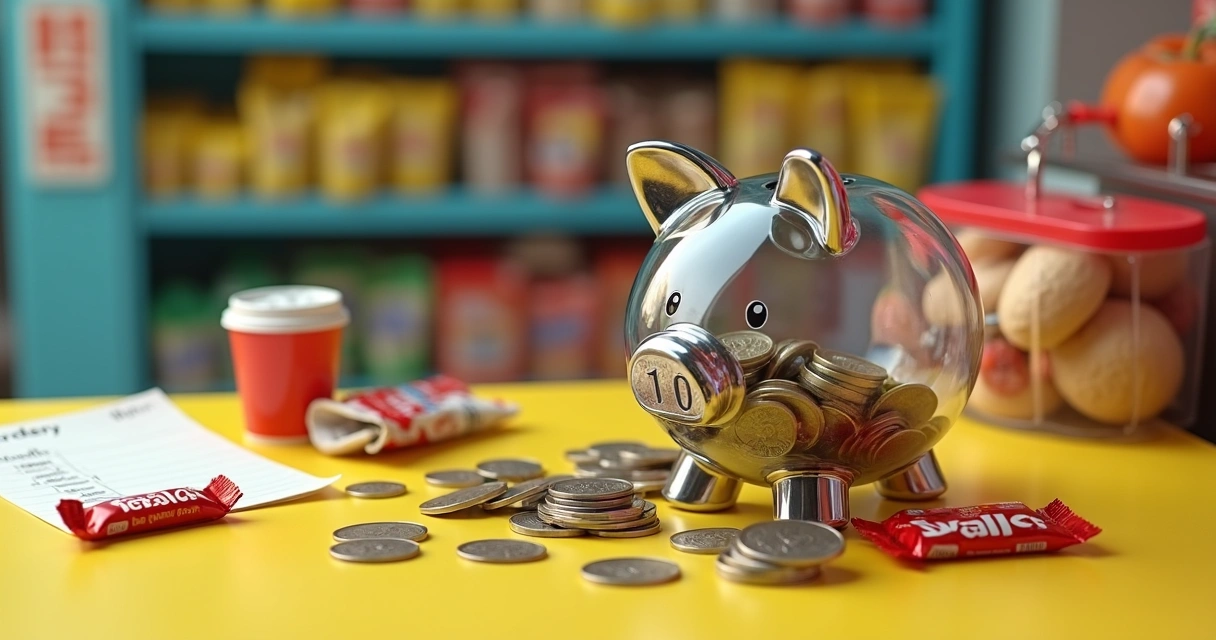 Cofrinho transparente ao lado de pequenos itens de consumo sobre balcão colorido 