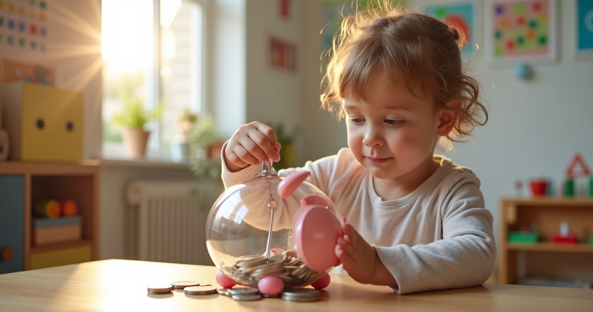 Criança sorrindo e colocando moedas em cofrinho transparente