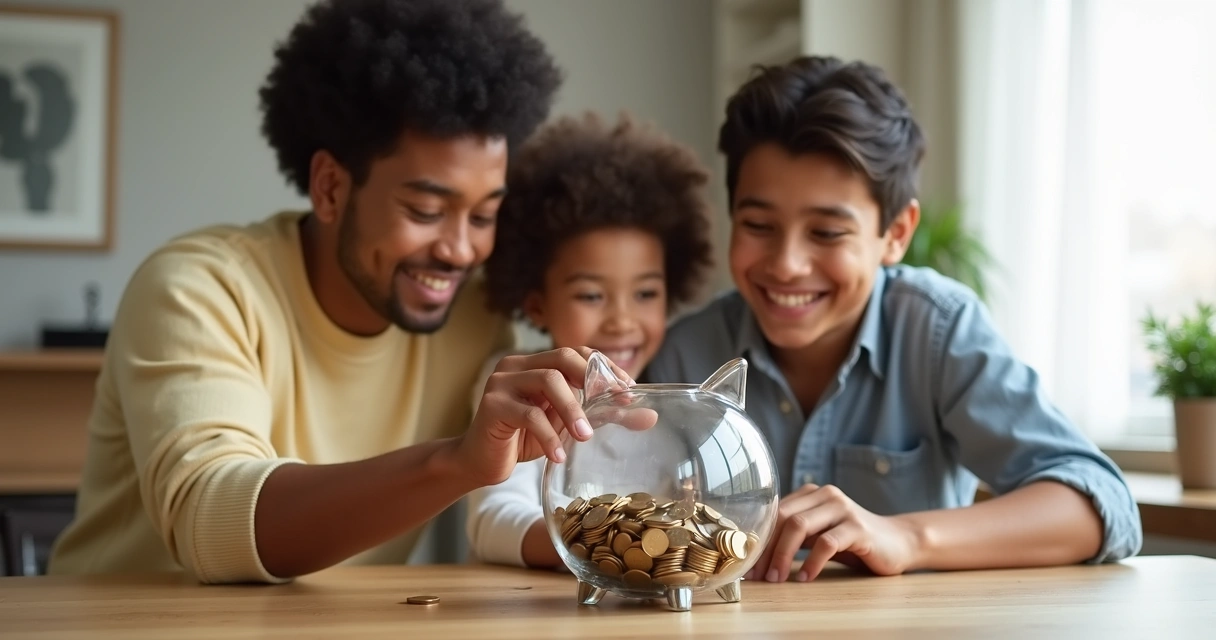 Família com cofrinho transparente cheio de moedas 