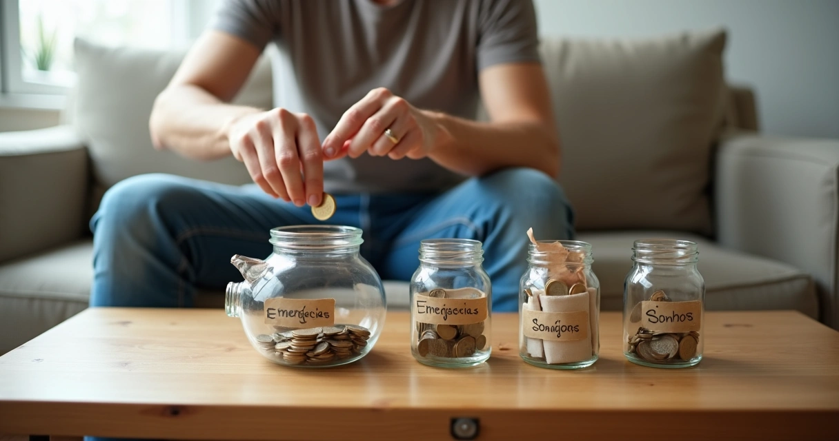 Pessoa colocando moeda em cofrinho ao lado de potes rotulados para metas financeiras 