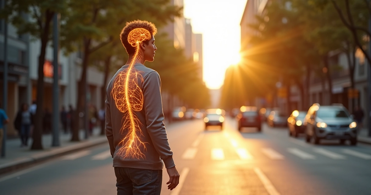 Pessoa em pé com corpo iluminado conectando cérebro e corpo em ambiente urbano calmo 