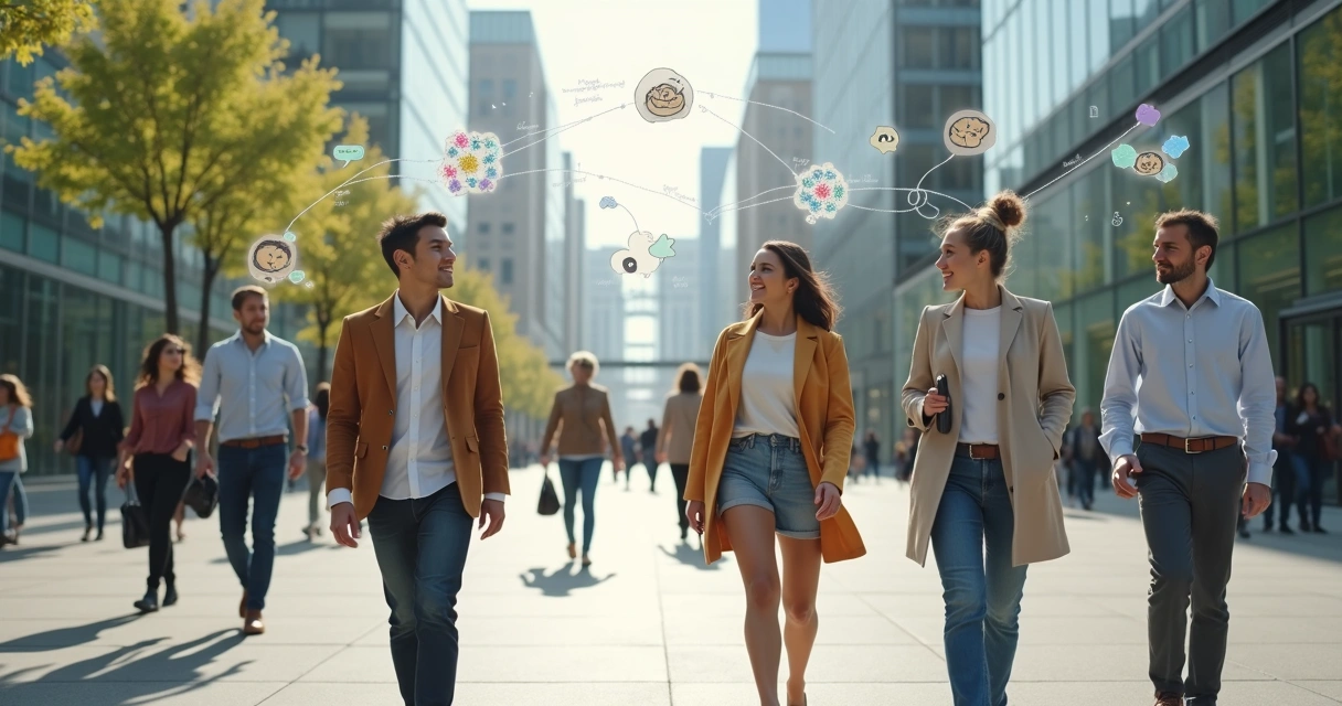 Grupo diverso de pessoas conectadas por ícones de pensamentos e emoções sobrepostas 