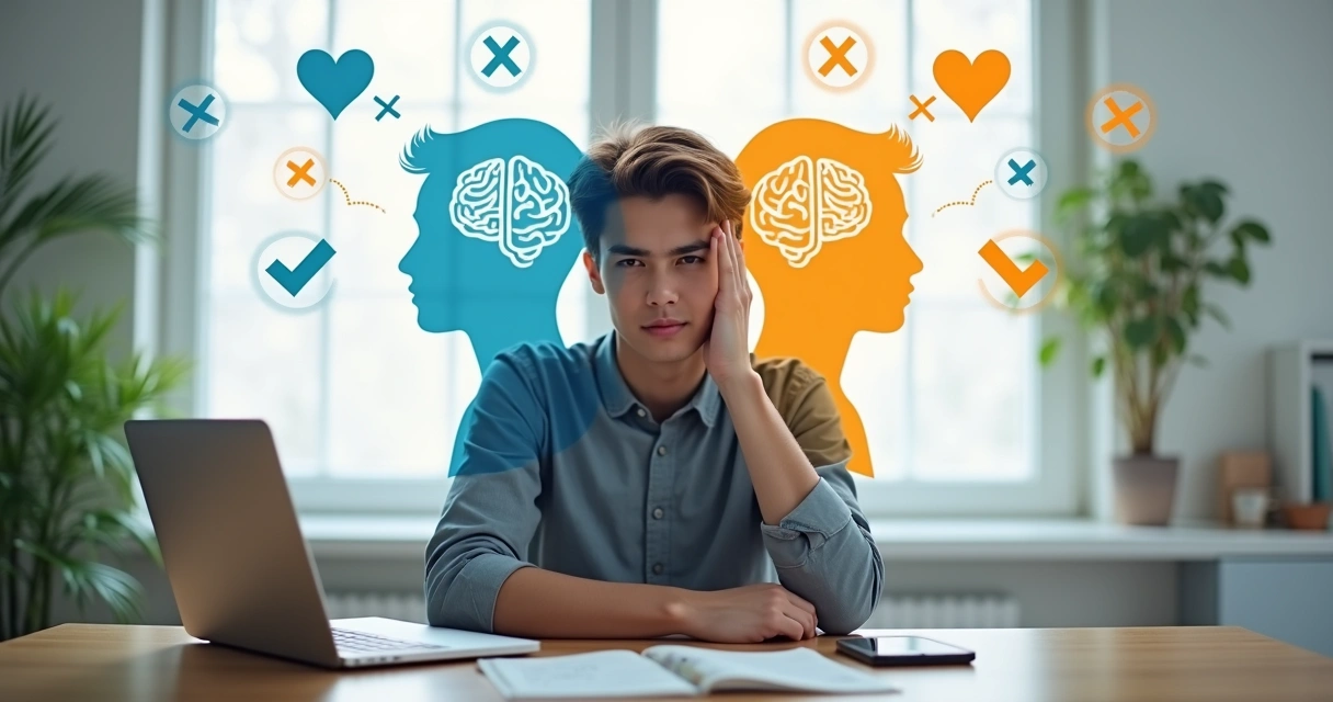 Person split between two overlapping silhouettes surrounded by conflicting icons 