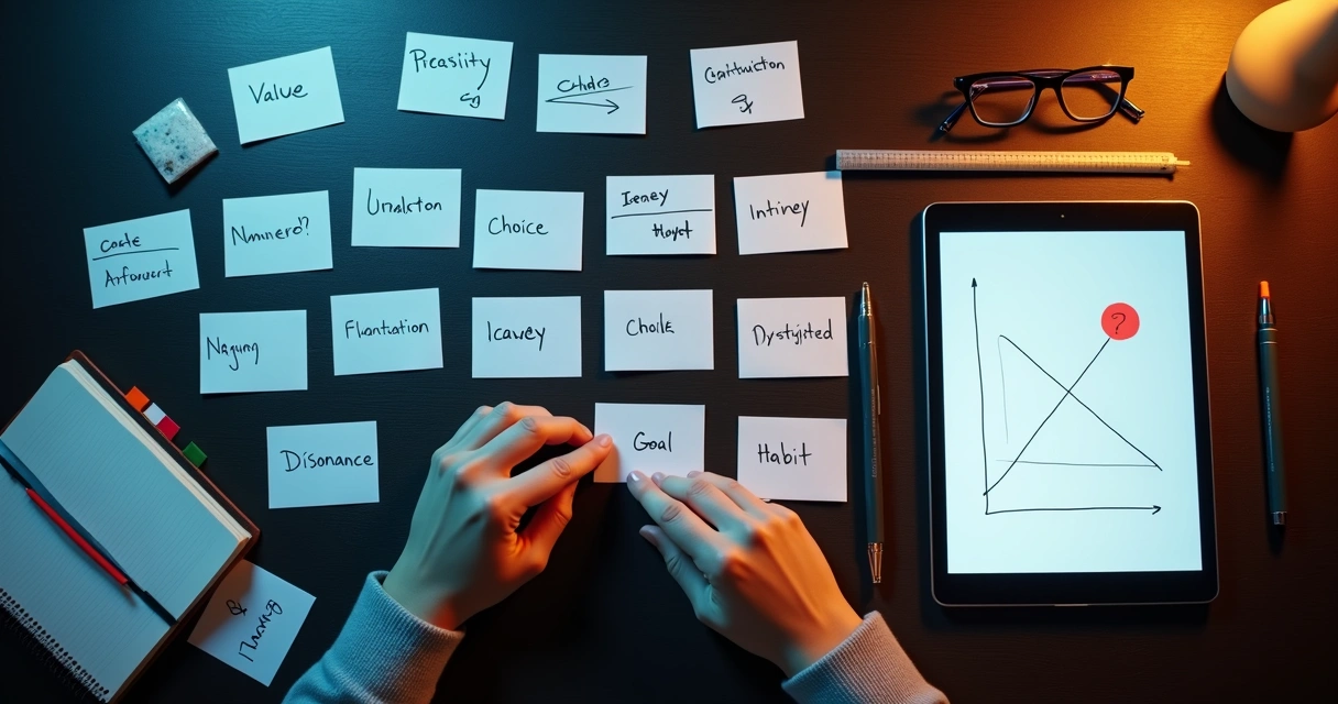 Overhead view of scattered thought cards on a desk lit with contrasting colors 