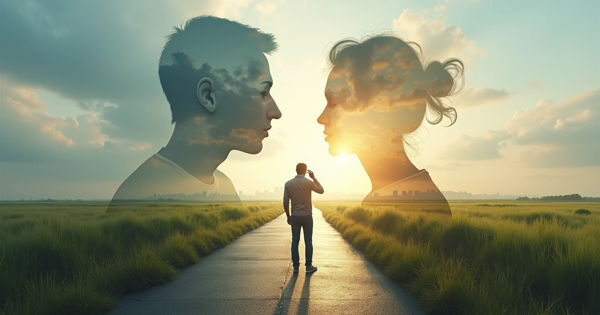 Person split between conflicting thoughts walking toward light on a path 