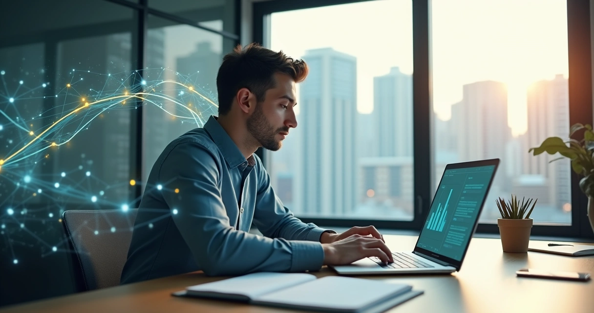 Person in deep focus surrounded by interconnected decision pathways and flowing light patterns 