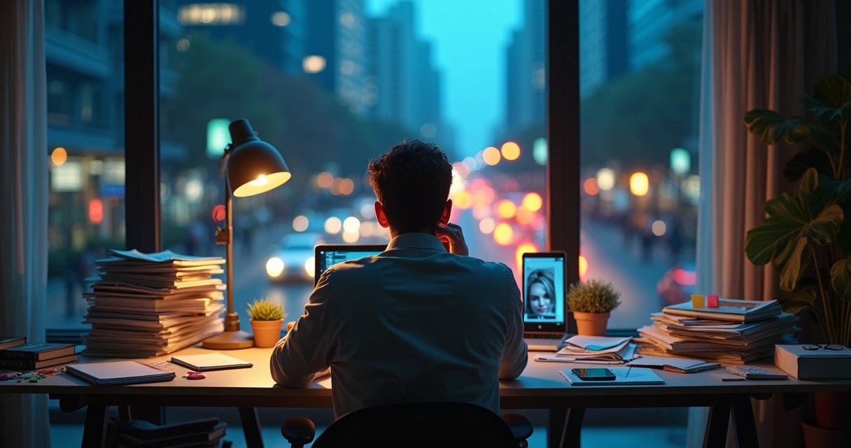Person at cluttered desk with blurred background and clear inner reflection in window 