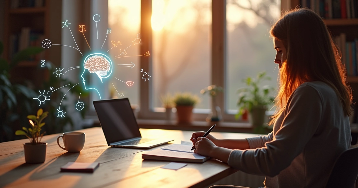 Person journaling at desk with abstract brain and mind icons above 