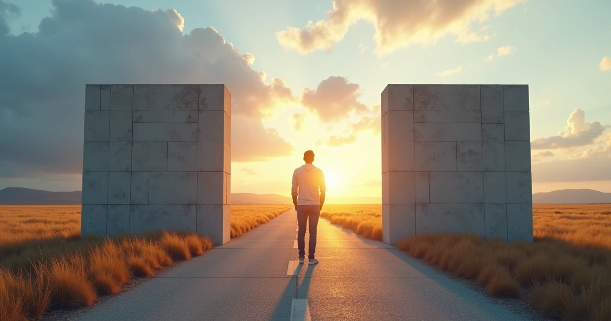 Person standing at a forked road with a rigid wall blocking one path 