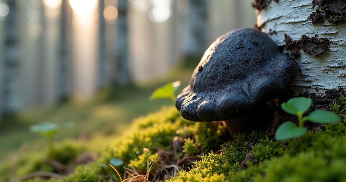 Chaga sobre casca de bétula em floresta 