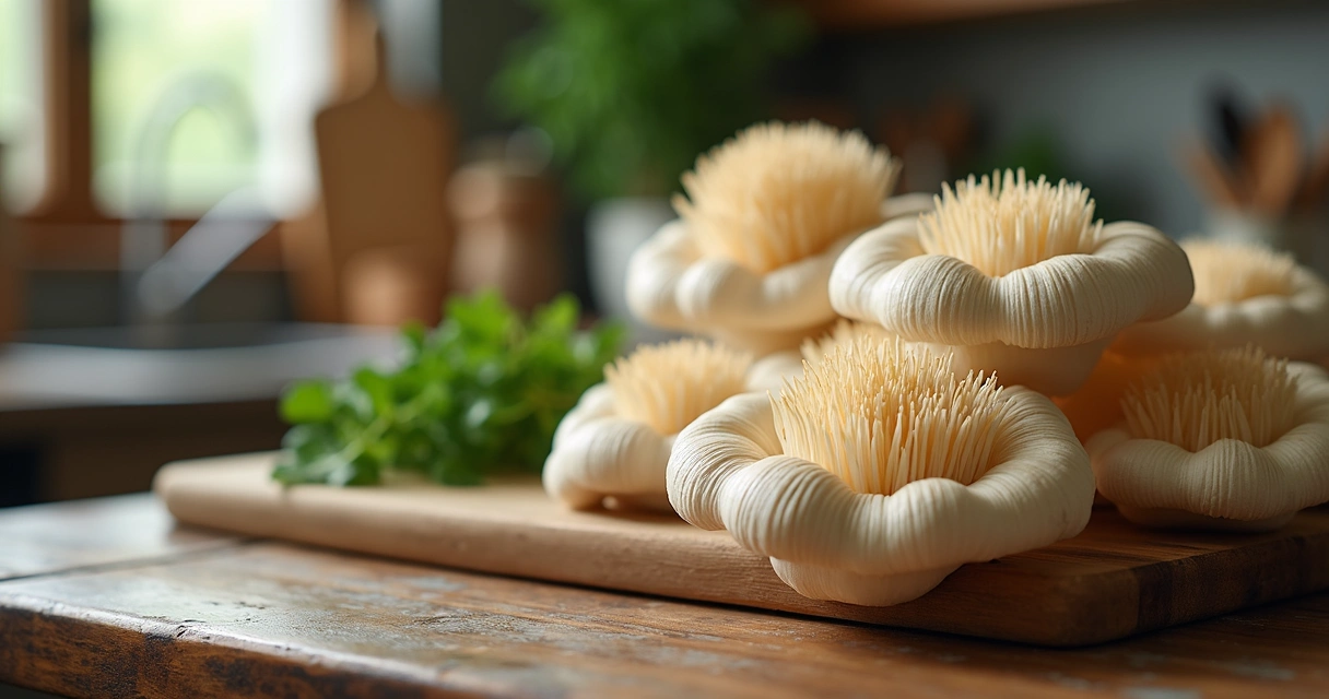 Lion’s Mane fresco em mesa de madeira