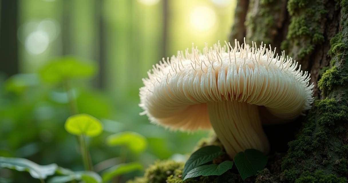 Cogumelo Lion’s Mane crescendo em tronco de árvore com detalhes texturizados e fundo de floresta verde 