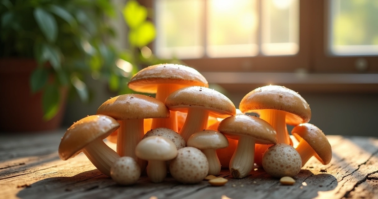 Cogumelos frescos recebendo luz do sol e gerando vitamina D 