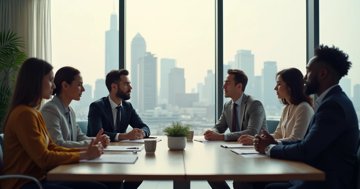 Diverse group in a meeting room pausing together, appearing connected and focused 