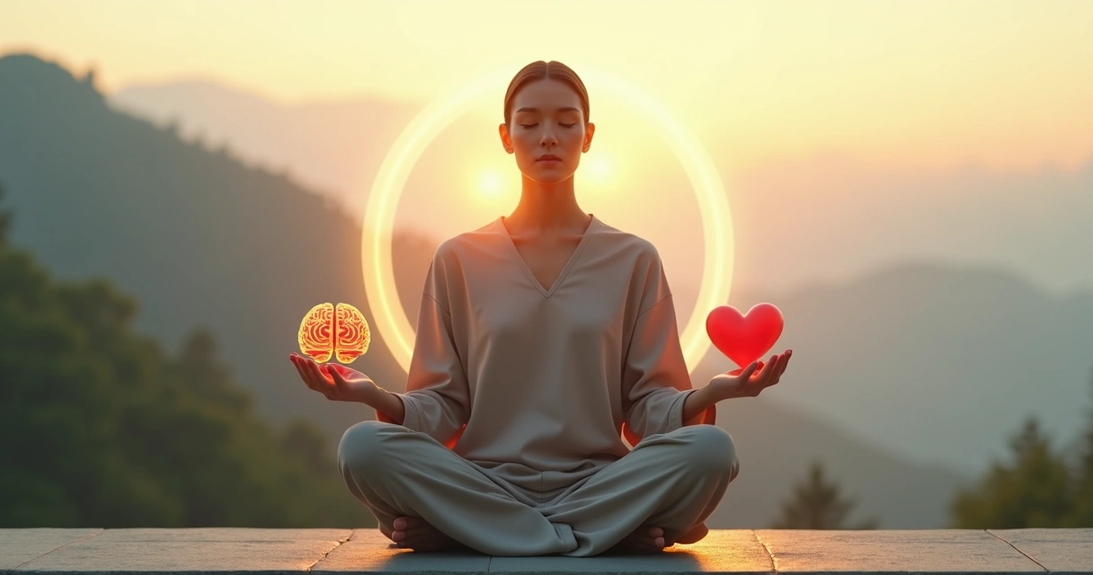 Persona con los ojos cerrados sosteniendo un corazón y un cerebro equilibrados 