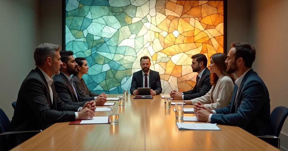 Mesa de negociación con vitral de emociones alineadas al fondo 