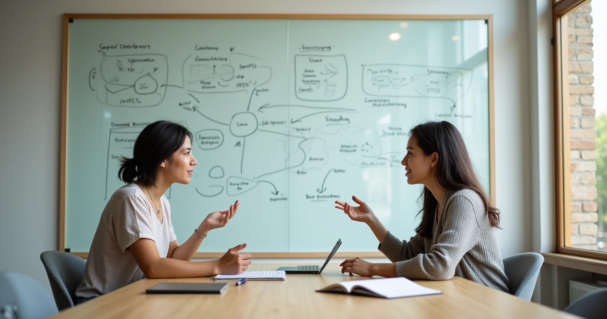 Dos personas conversando frente a una pizarra con diagramas y conexiones conceptuales 