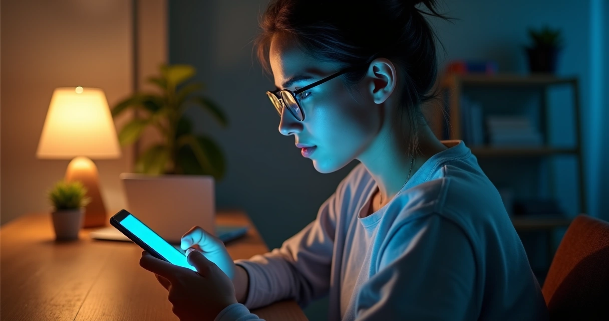 Persona mirando el móvil con varias redes sociales y un halo de luz cálida alrededor 