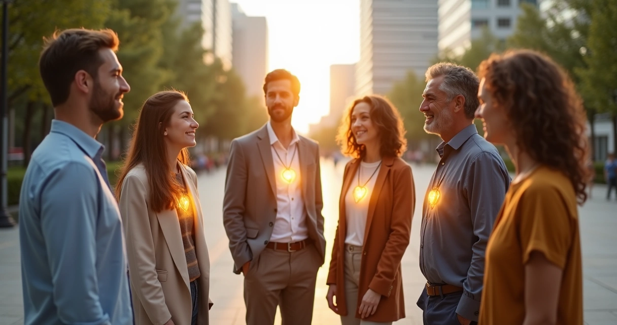 Grupo diverso de personas unidas por líneas de luz representando coherencia ética en sus relaciones 