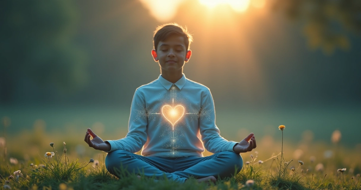 Persona meditando en espacio natural, con líneas suaves que unen su mente, corazón y cuerpo