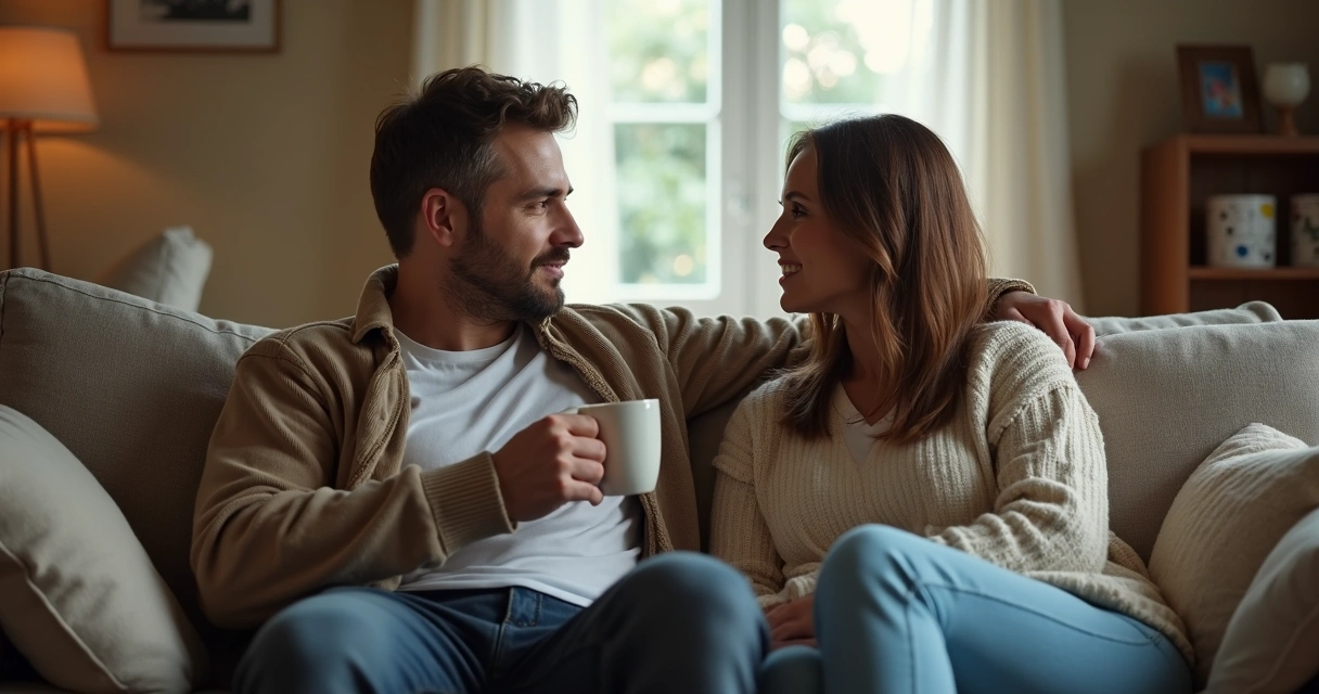 Pareja sentada en una sala, conversando y mostrando apoyo, ambiente hogareño 