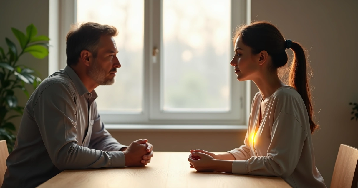 Persona serena con luz en el pecho conectada con otra persona en equilibrio 