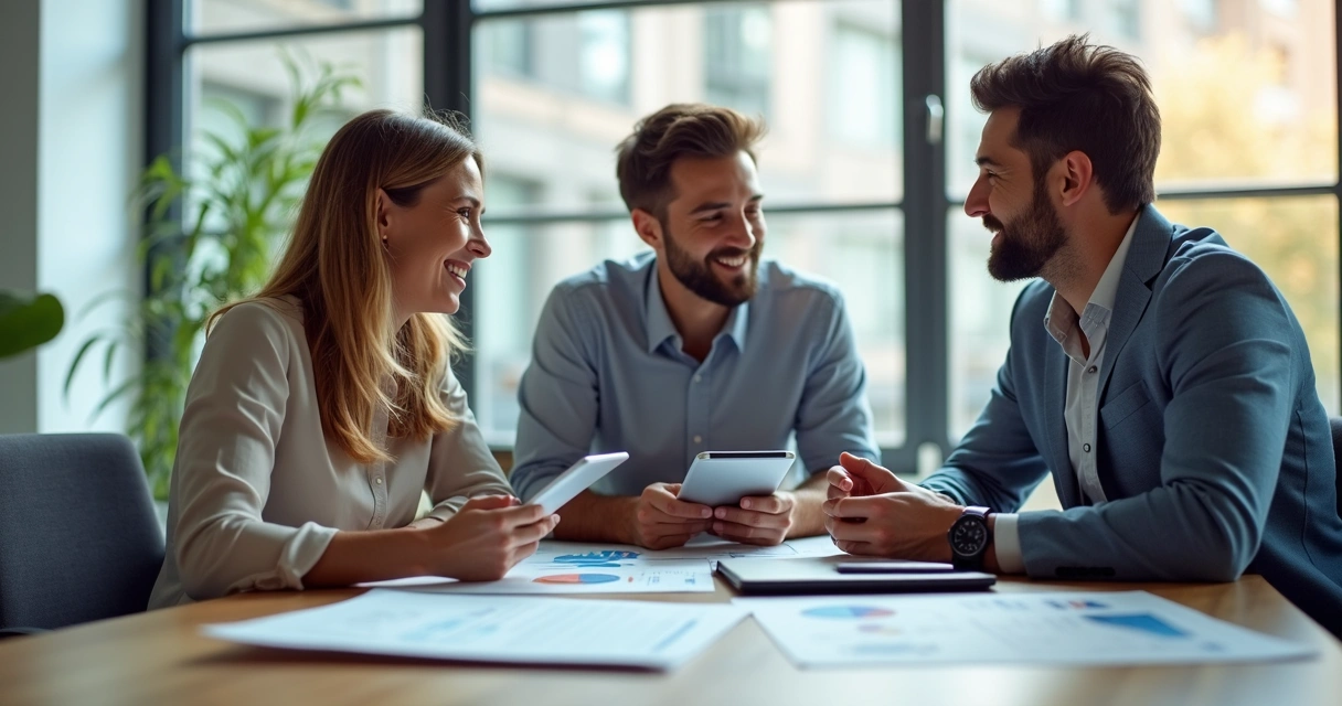 Tres personas conversando con confianza en una oficina luminosa, mostrando conexión espontánea. 