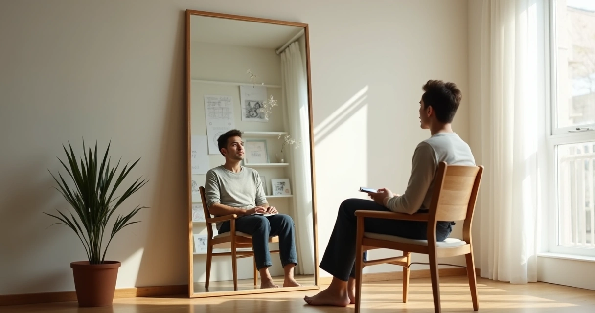 Persona reflexionando frente a un espejo con doble imagen, una ordenada y otra caótica 