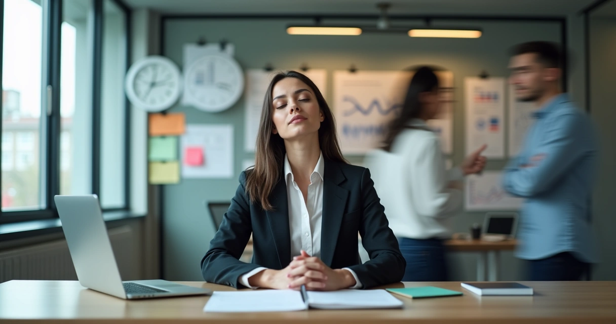 Profesional sentado en oficina caótica manteniendo calma y enfoque interior 