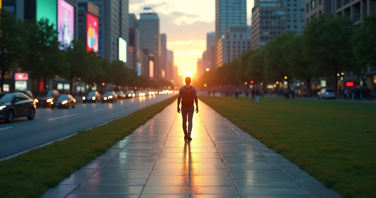 Persona caminando sobre camino iluminado dividido entre ciudad y naturaleza 