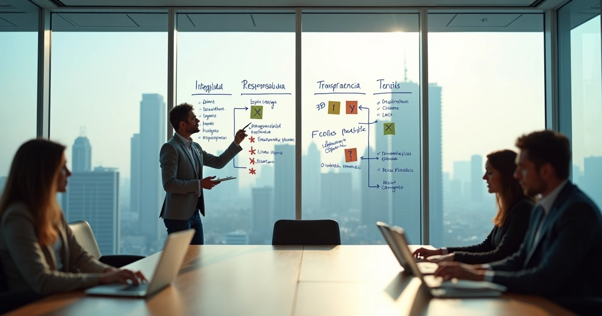 Directivo comparando valores escritos con prácticas reales en un tablero de trabajo 