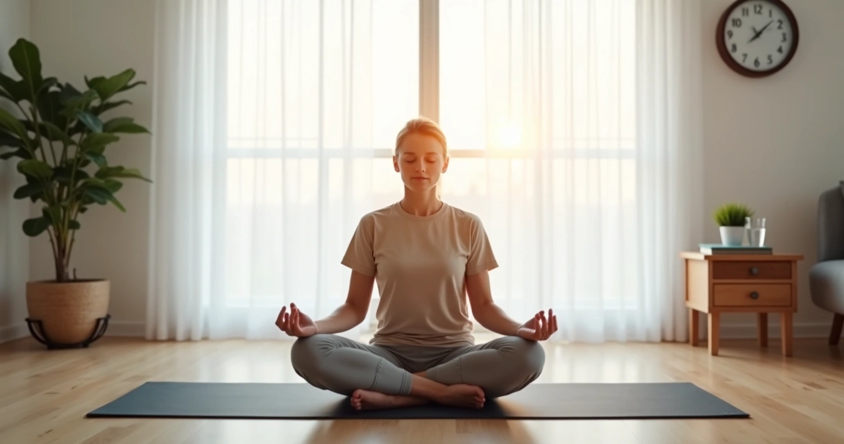 Person practicing coherent breathing seated on yoga mat at home with calm lighting 