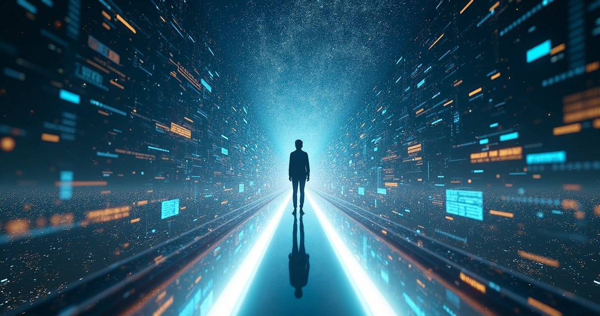 Solitary figure standing on a illuminated bridge surrounded by swirling data streams 